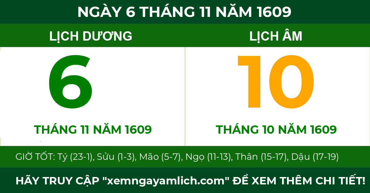 lịch âm ngày 6 tháng 11 năm 1609