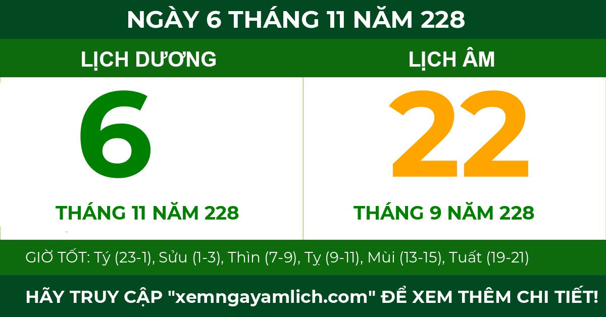 lịch âm ngày 6 tháng 11 năm 228