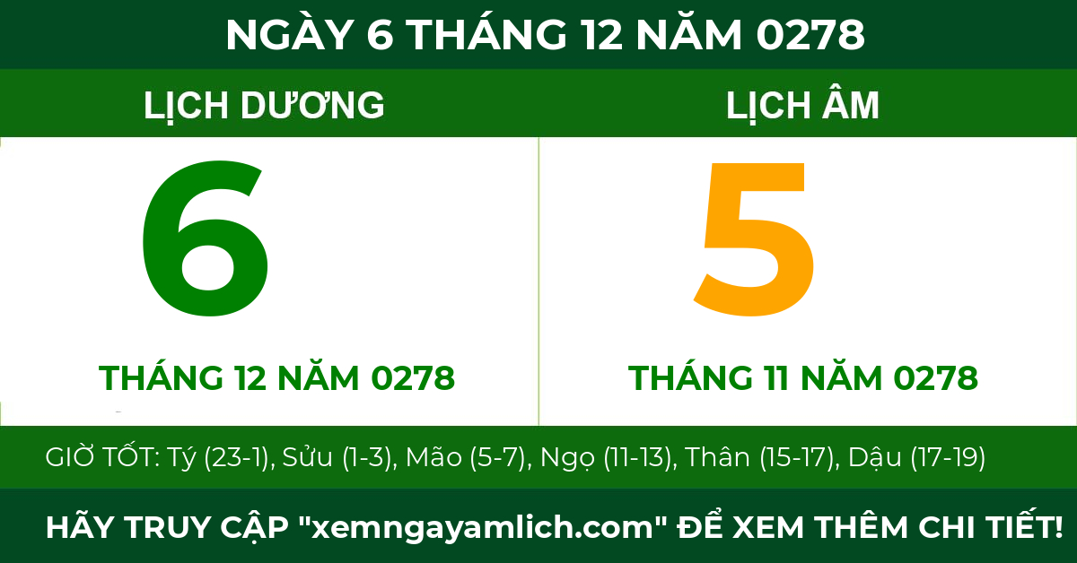 lịch âm ngày 6 tháng 12 năm 0278