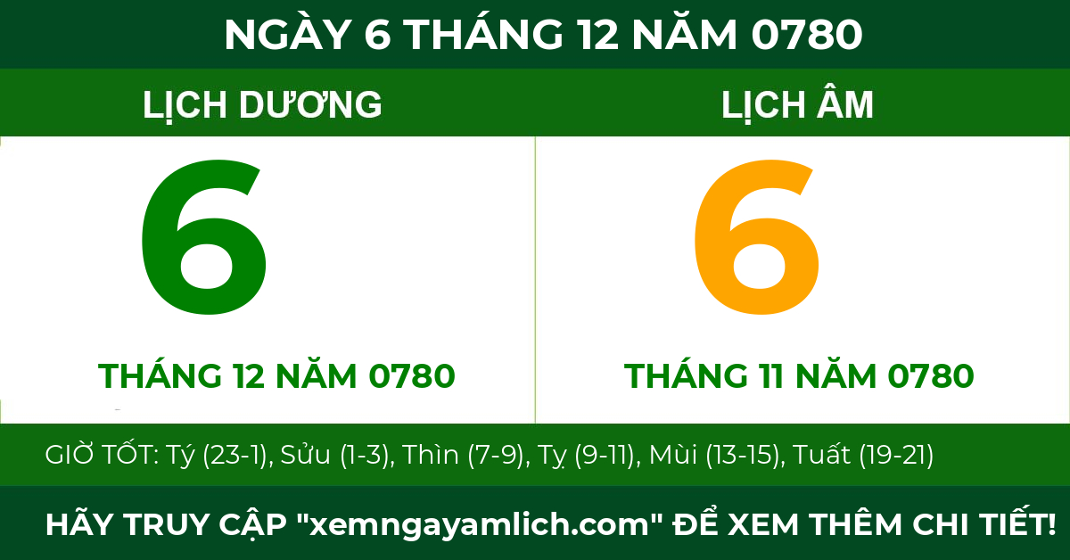 lịch âm ngày 6 tháng 12 năm 0780