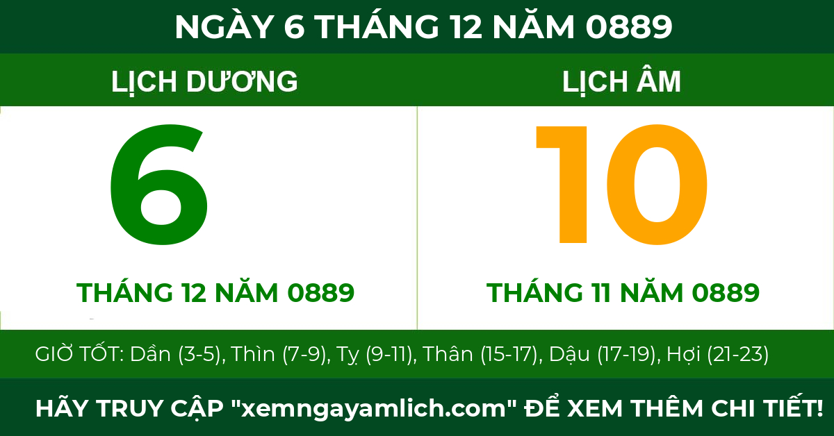 lịch âm ngày 6 tháng 12 năm 0889
