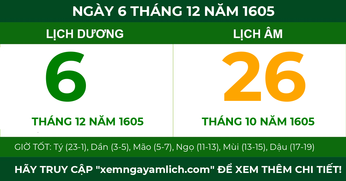 lịch âm ngày 6 tháng 12 năm 1605