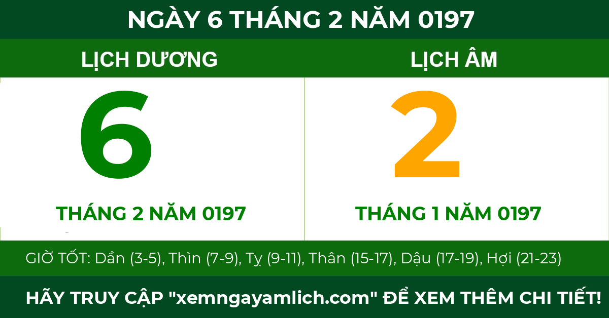 lịch âm ngày 6 tháng 2 năm 0197