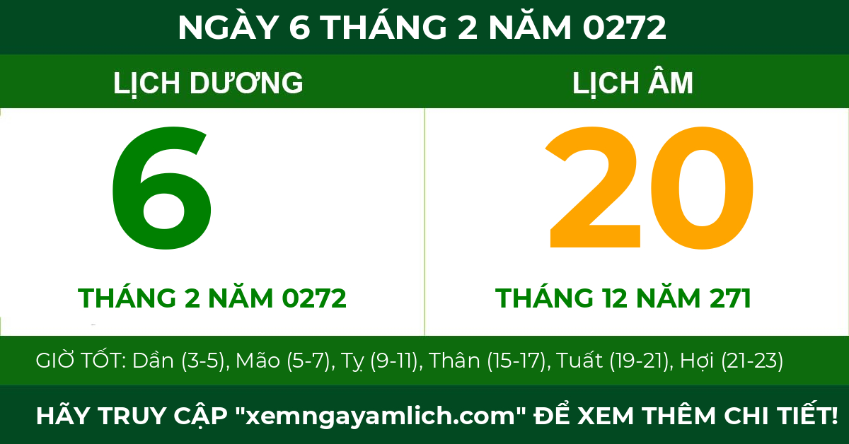 lịch âm ngày 6 tháng 2 năm 0272