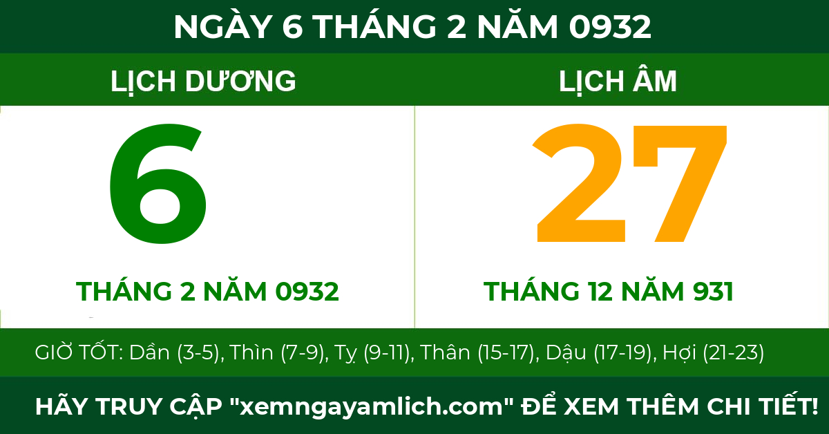 lịch âm ngày 6 tháng 2 năm 0932
