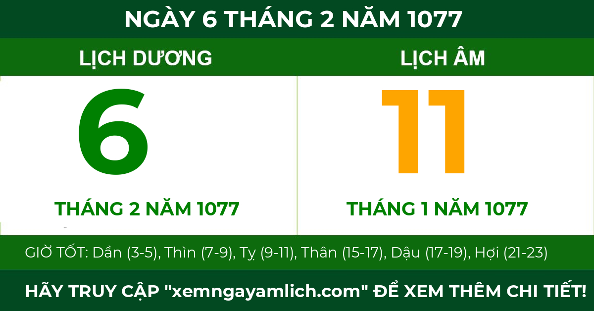 lịch âm ngày 6 tháng 2 năm 1077