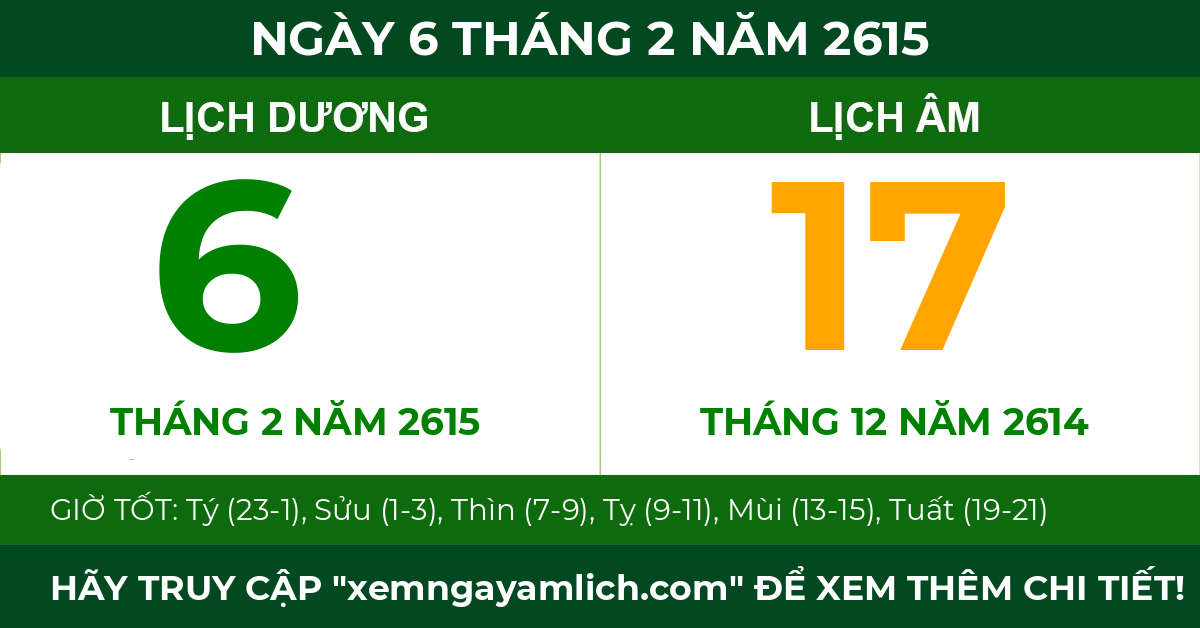 lịch âm ngày 6 tháng 2 năm 2615