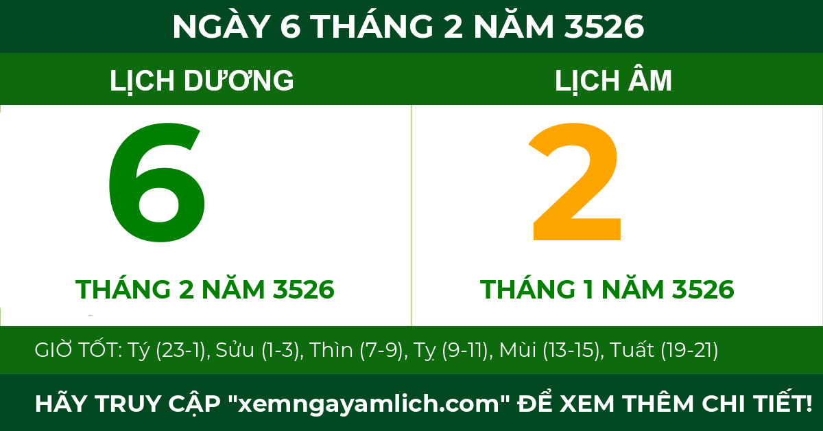 lịch âm ngày 6 tháng 2 năm 3526