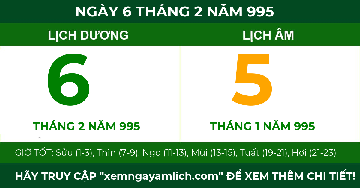 lịch âm ngày 6 tháng 2 năm 995