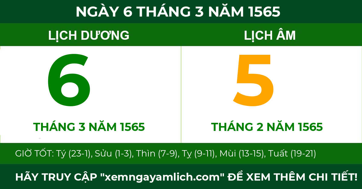 lịch âm ngày 6 tháng 3 năm 1565