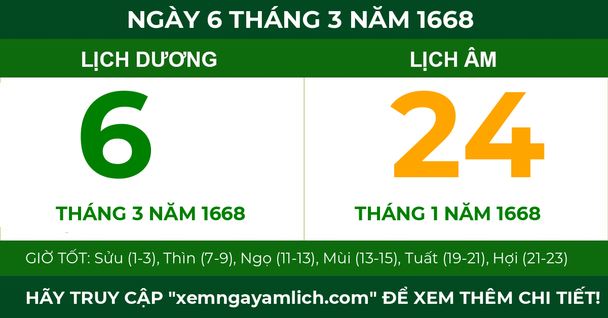 lịch âm ngày 6 tháng 3 năm 1668