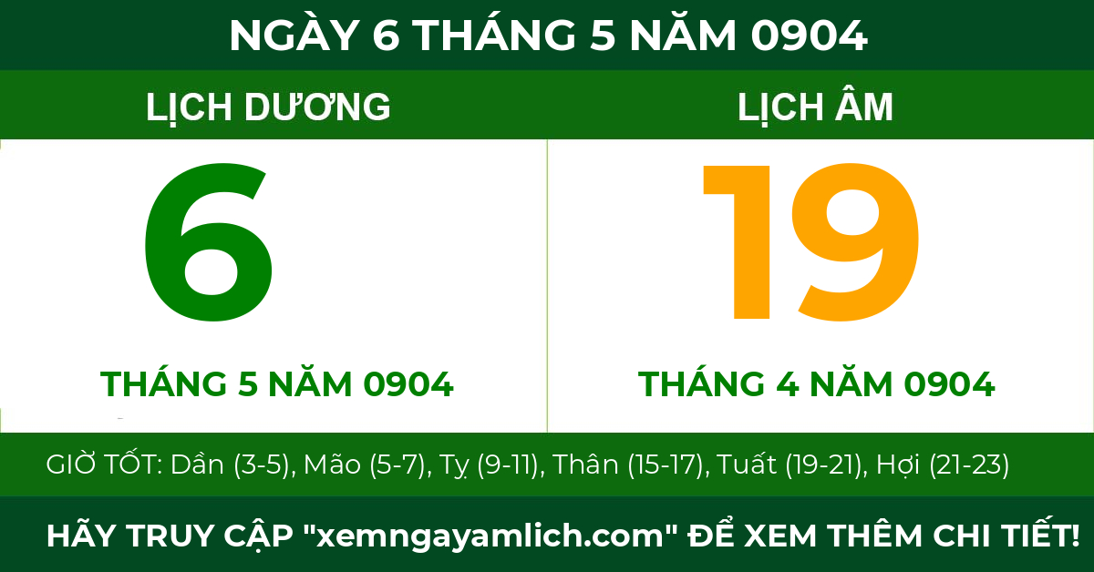lịch âm ngày 6 tháng 5 năm 0904