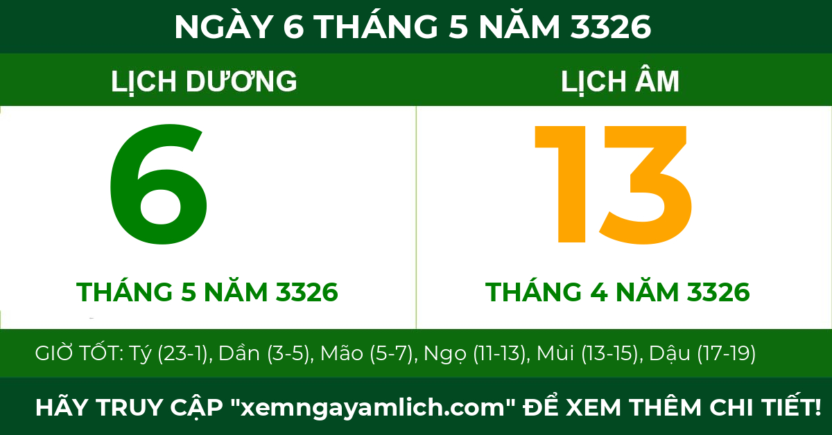 lịch âm ngày 6 tháng 5 năm 3326