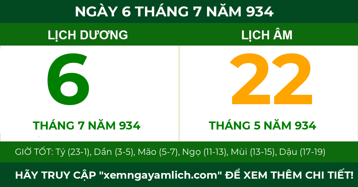 lịch âm ngày 6 tháng 7 năm 934