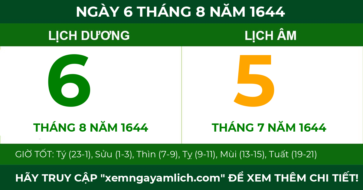 lịch âm ngày 6 tháng 8 năm 1644