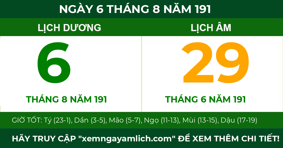 lịch âm ngày 6 tháng 8 năm 191