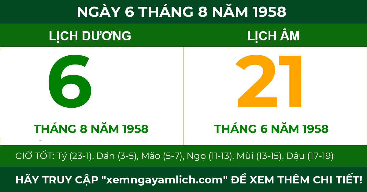 lịch âm ngày 6 tháng 8 năm 1958