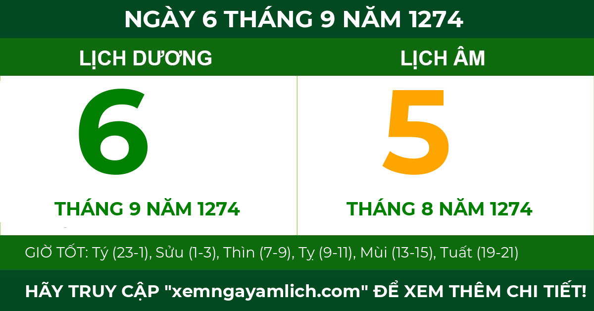 lịch âm ngày 6 tháng 9 năm 1274