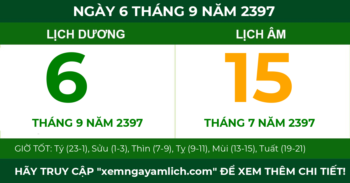 lịch âm ngày 6 tháng 9 năm 2397