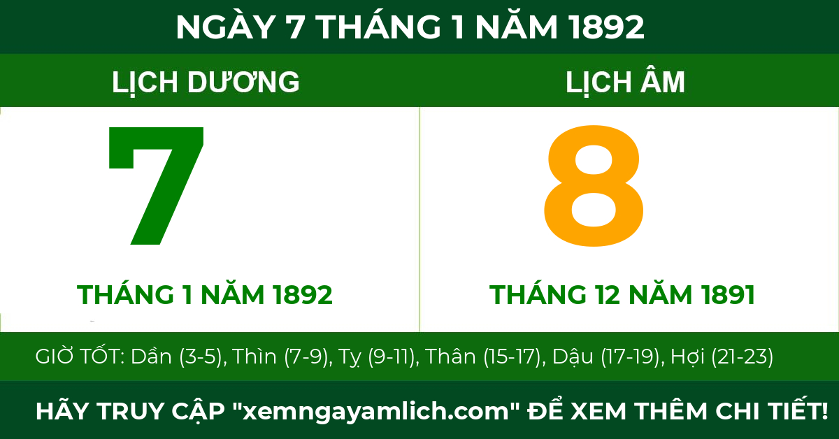 lịch âm ngày 7 tháng 1 năm 1892