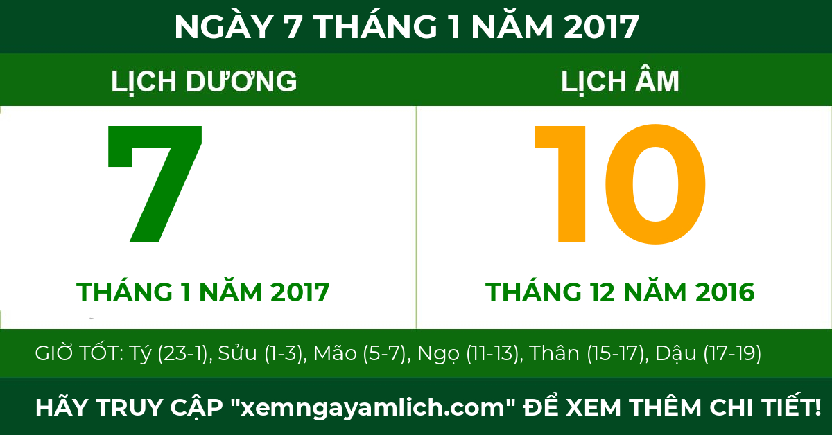 lịch âm ngày 7 tháng 1 năm 2017