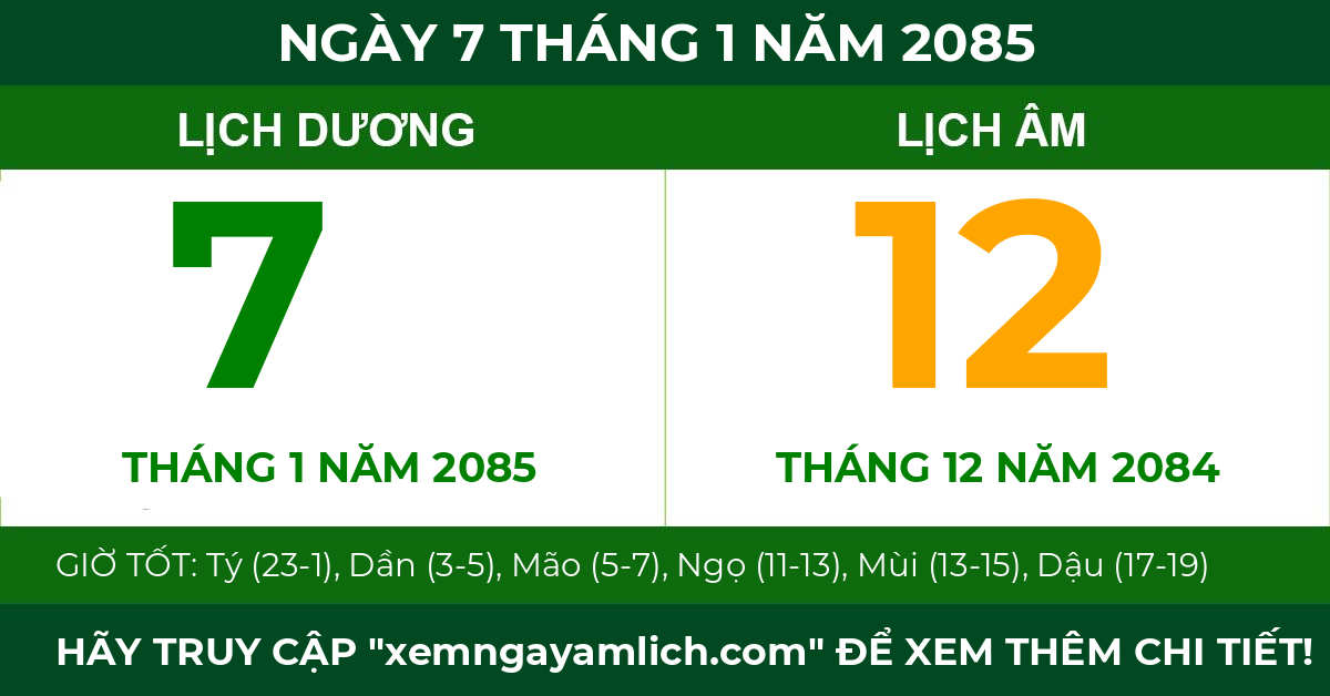 lịch âm ngày 7 tháng 1 năm 2085