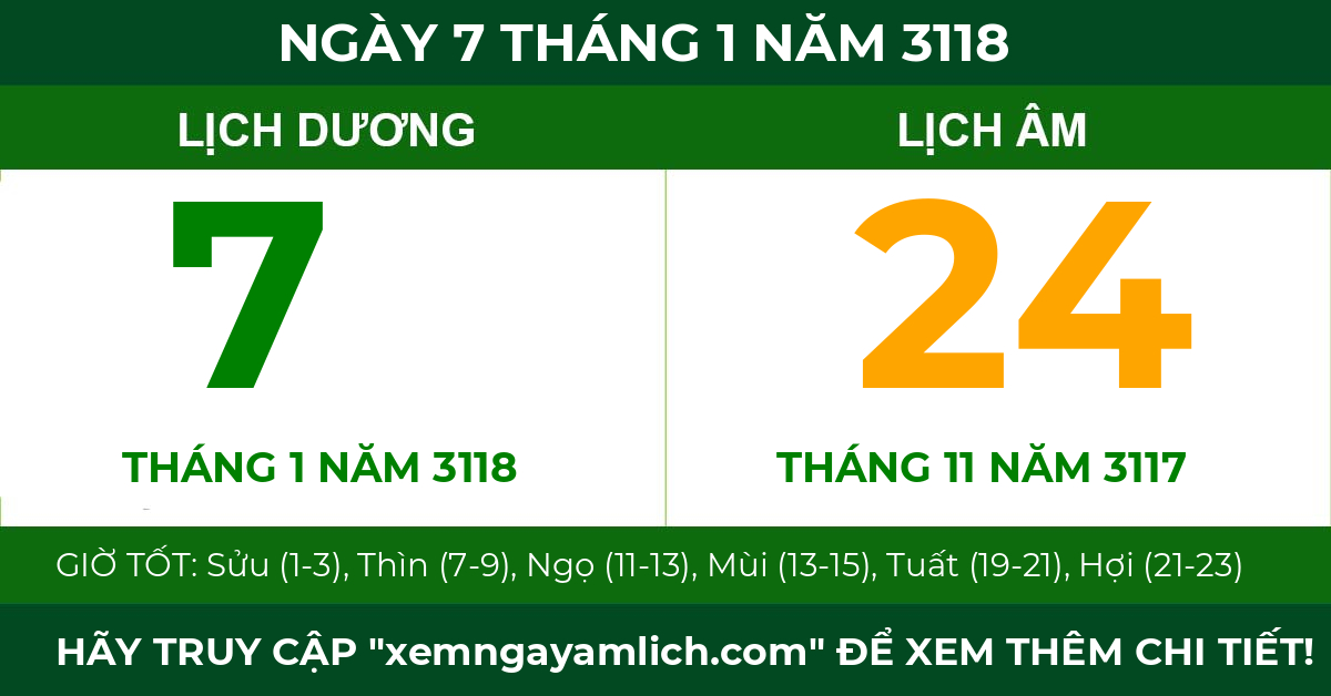 lịch âm ngày 7 tháng 1 năm 3118