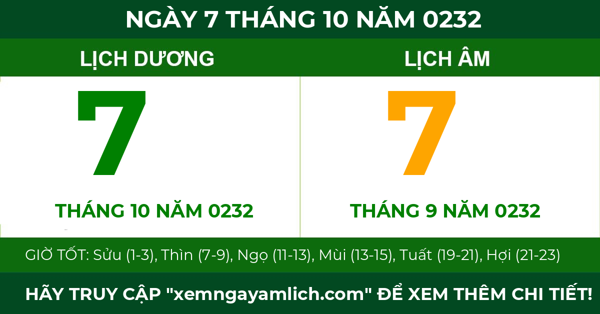 lịch âm ngày 7 tháng 10 năm 0232