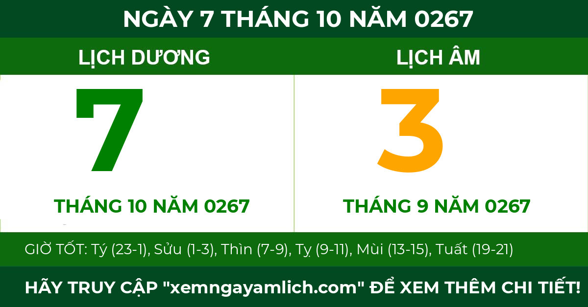 lịch âm ngày 7 tháng 10 năm 0267