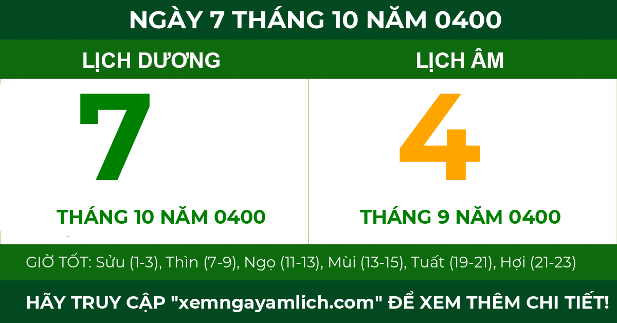 lịch âm ngày 7 tháng 10 năm 0400