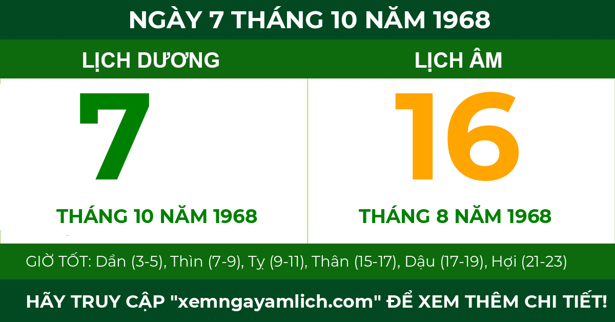 lịch âm ngày 7 tháng 10 năm 1968