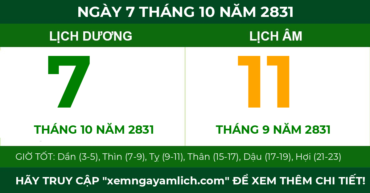 lịch âm ngày 7 tháng 10 năm 2831