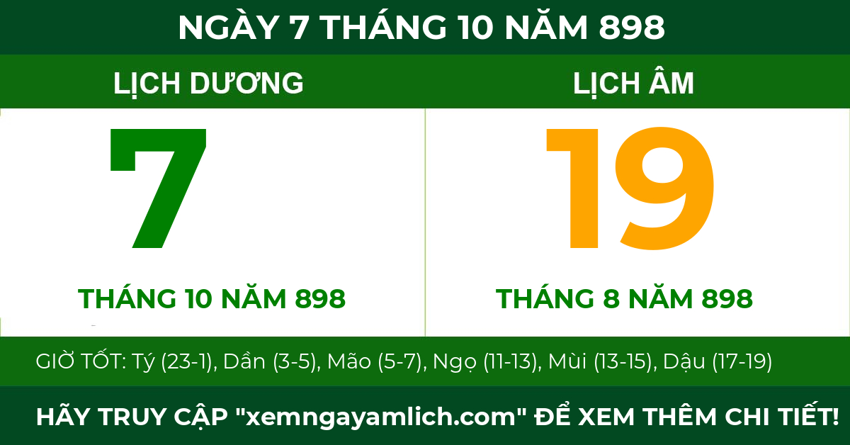 lịch âm ngày 7 tháng 10 năm 898