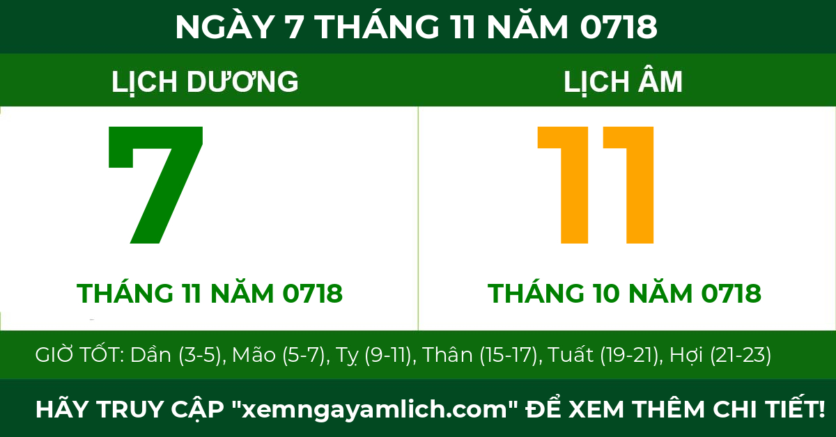 lịch âm ngày 7 tháng 11 năm 0718