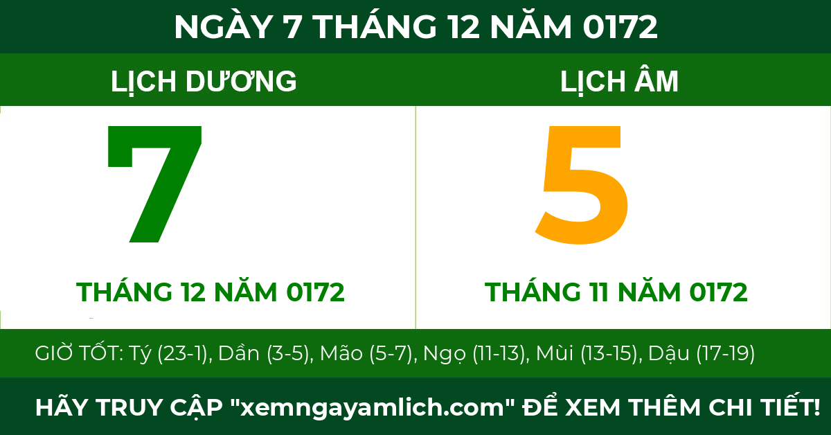 lịch âm ngày 7 tháng 12 năm 0172