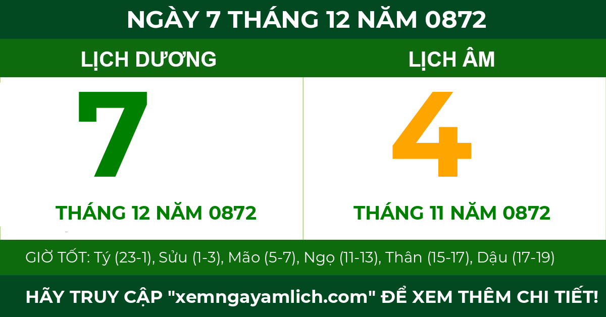 lịch âm ngày 7 tháng 12 năm 0872