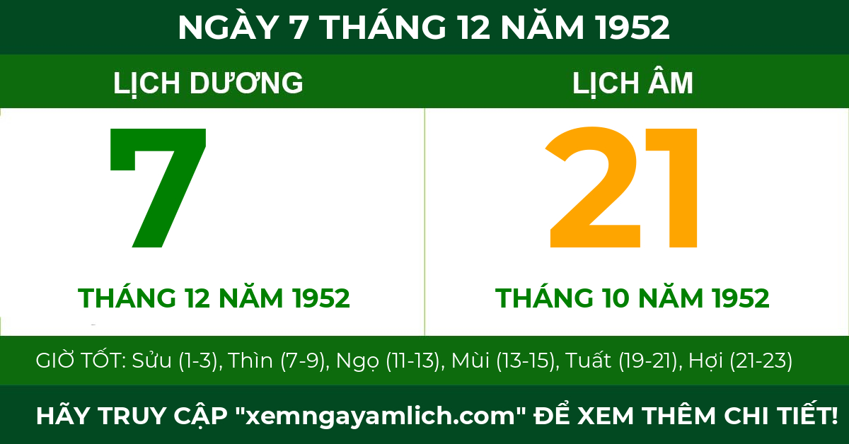 lịch âm ngày 7 tháng 12 năm 1952