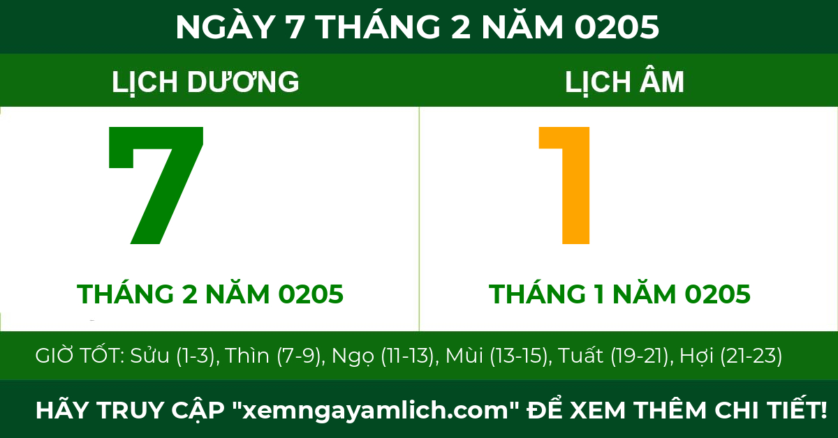 lịch âm ngày 7 tháng 2 năm 0205