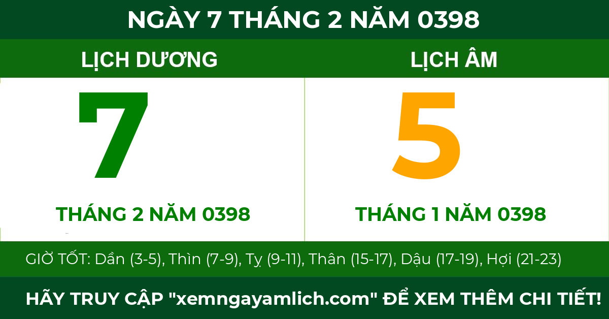 lịch âm ngày 7 tháng 2 năm 0398