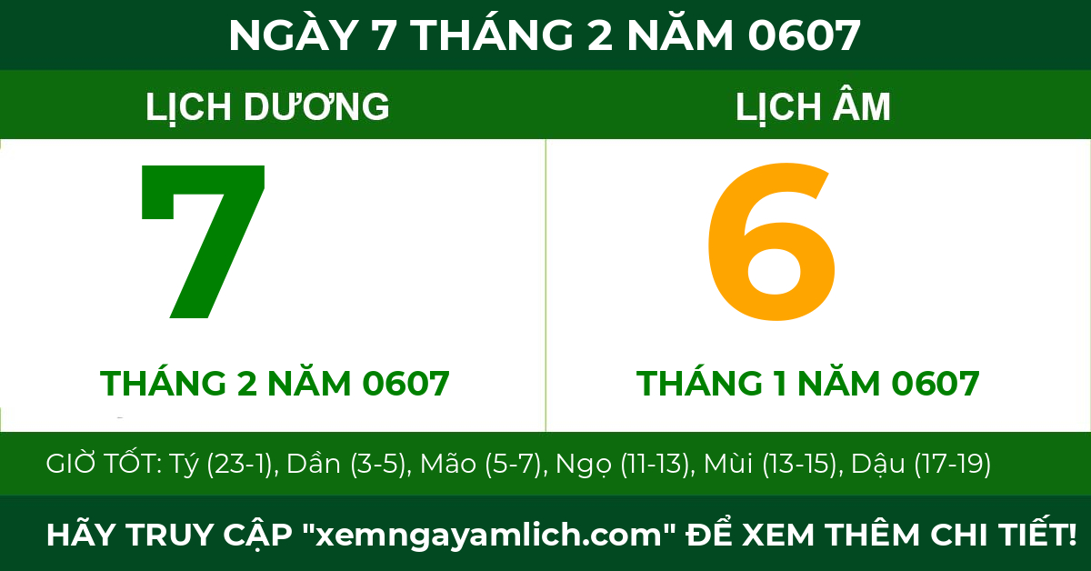 lịch âm ngày 7 tháng 2 năm 0607