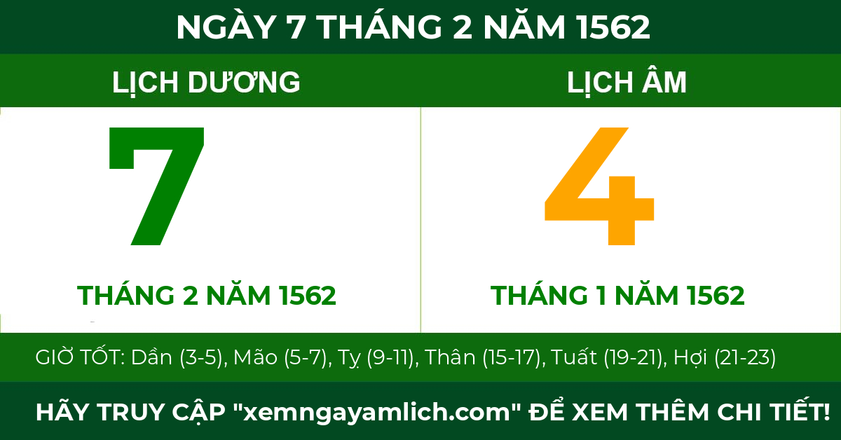 lịch âm ngày 7 tháng 2 năm 1562