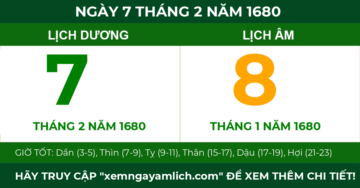 lịch âm ngày 7 tháng 2 năm 1680