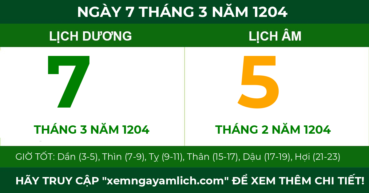 lịch âm ngày 7 tháng 3 năm 1204