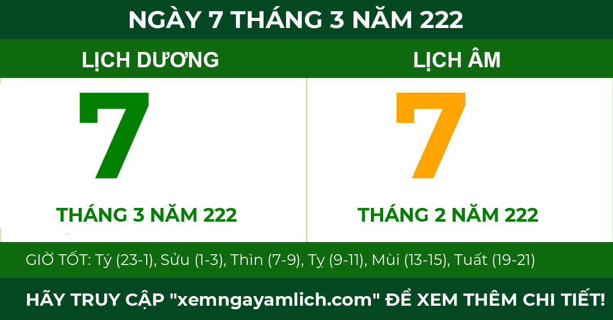 lịch âm ngày 7 tháng 3 năm 222