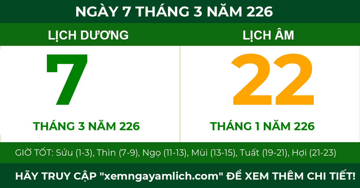 lịch âm ngày 7 tháng 3 năm 226