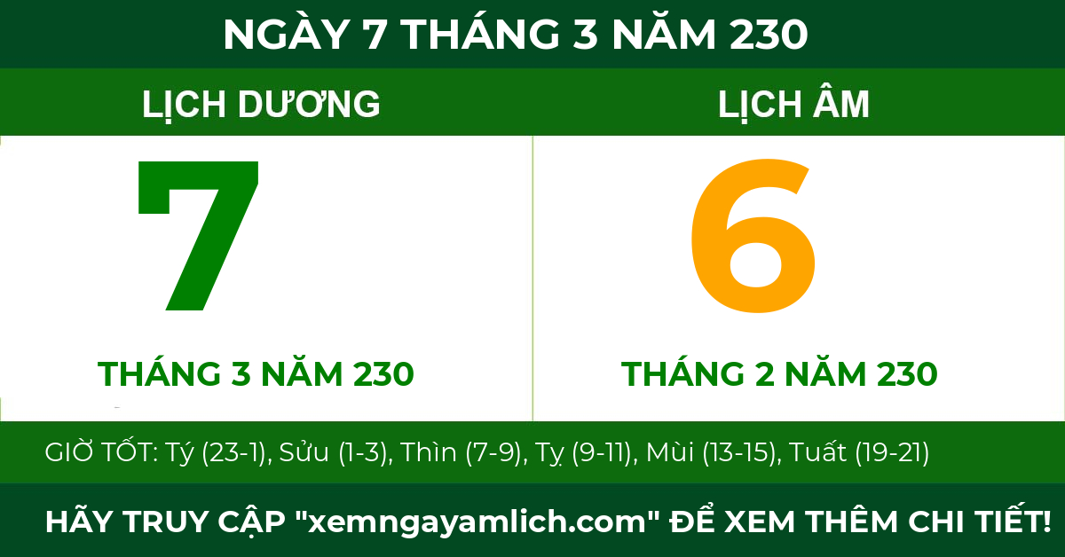 lịch âm ngày 7 tháng 3 năm 230