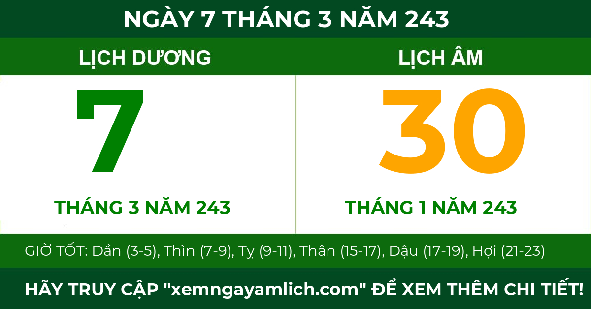 lịch âm ngày 7 tháng 3 năm 243