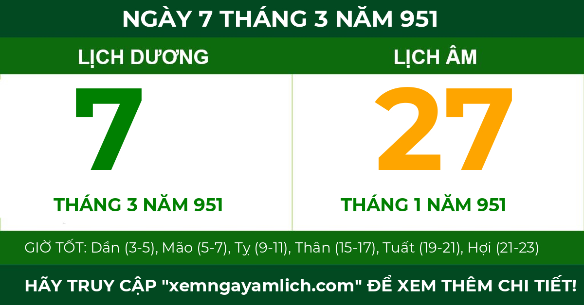 lịch âm ngày 7 tháng 3 năm 951