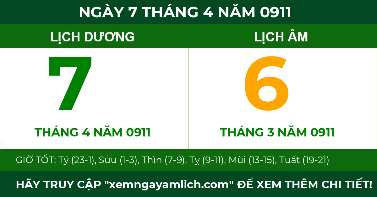 lịch âm ngày 7 tháng 4 năm 0911