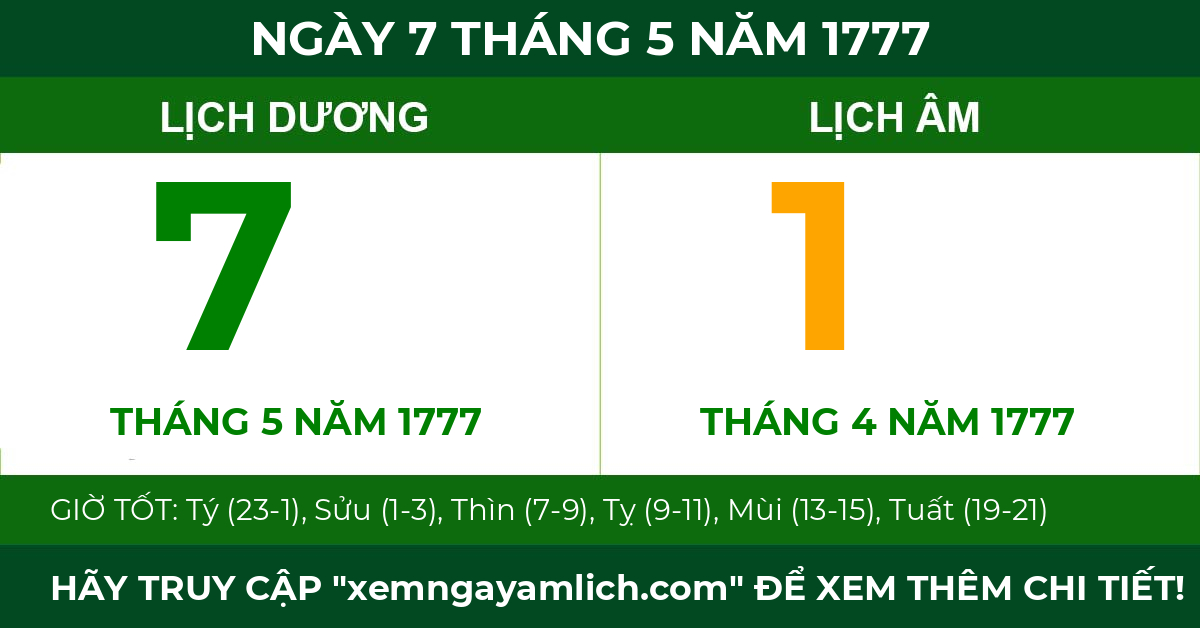 lịch âm ngày 7 tháng 5 năm 1777